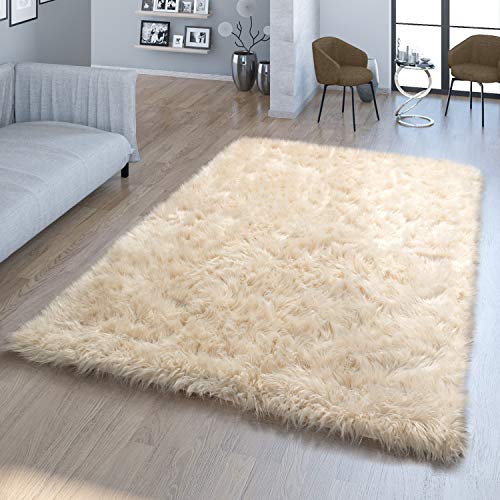 TT Home Wohnzimmer Hochflor Teppich Kunst-Fell Design Versch. Formen Unifarben, In Creme, Größe:30 cm Rund von TT Home