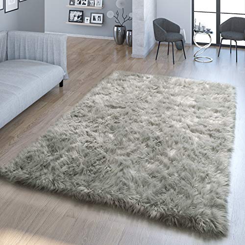 TT Home Wohnzimmer Hochflor Teppich Kunst-Fell Design Versch. Formen Unifarben, In Grau, Größe:40x60 cm von TT Home