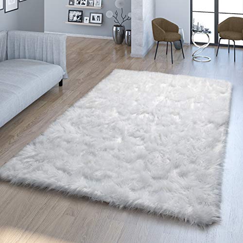 TT Home Wohnzimmer Hochflor Teppich Kunst-Fell Design Versch. Formen Unifarben, In Weiß, Größe:60x100 cm von TT Home