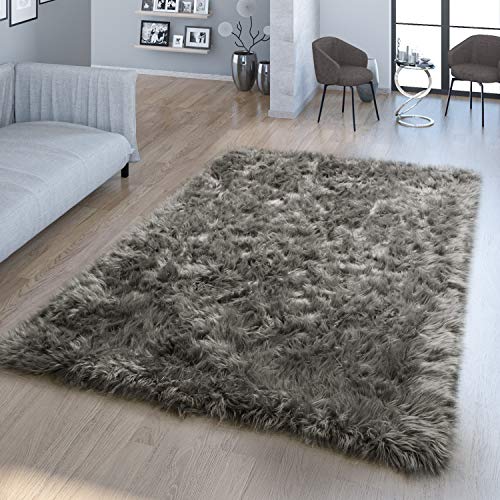 TT Home Wohnzimmer Hochflor Teppich Kunstfell Design Versch. Formen Unifarben Dunkelgrau, Größe:80x120 cm Fell-Form von TT Home