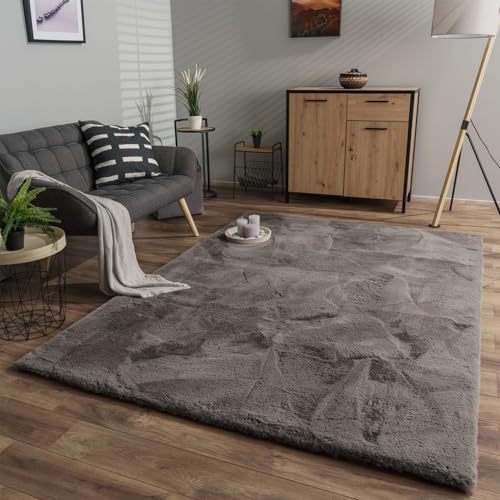 TT Home Wohnzimmer Hochflor Teppich Langflor Soft Kaninchenfell Fell Imitat Weich, Farbe: Anthrazit, Größe:160x230 cm von TT Home