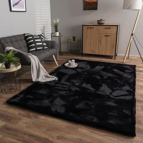 TT Home Wohnzimmer Hochflor Teppich Langflor Soft Kaninchenfell Fell Imitat Weich, Farbe: Schwarz, Größe:120 cm Rund von TT Home