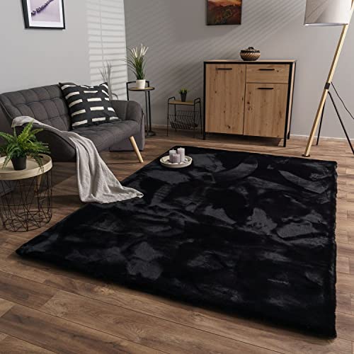 TT Home Wohnzimmer Hochflor Teppich Langflor Soft Kaninchenfell Fell Imitat Weich, Farbe: Schwarz, Größe:200x290 cm von TT Home