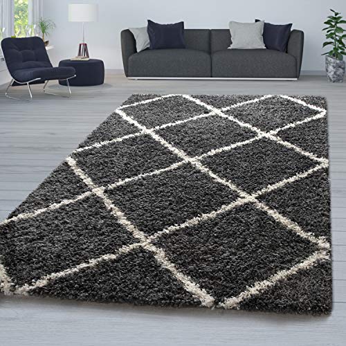 TT Home Wohnzimmer Hochflor Teppich Shaggy Modernes Rauten Design In Skandi Optik, Farbe: Anthrazit, Größe:200 cm Quadrat von TT Home