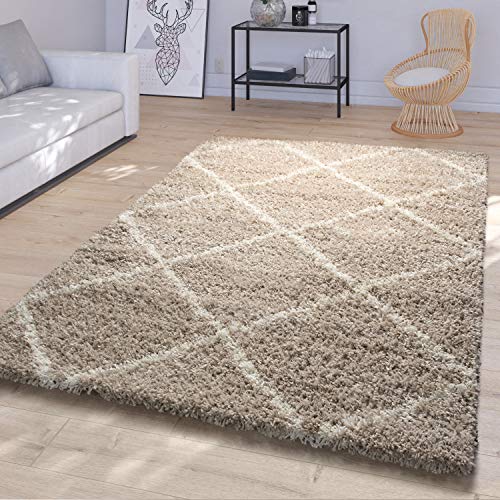 TT Home Wohnzimmer Hochflor Teppich Shaggy Modernes Rauten Design In Skandi Optik, Farbe: Beige, Größe:120x170 cm von TT Home