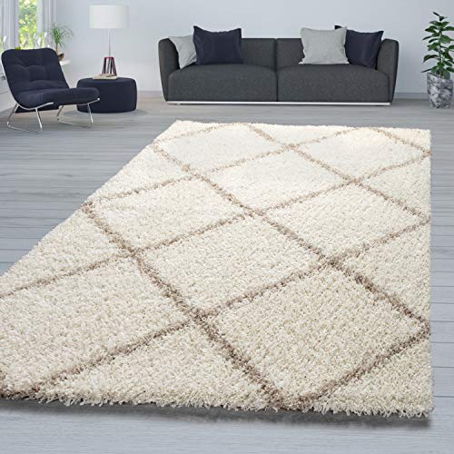 TT Home Wohnzimmer Hochflor Teppich Shaggy Modernes Rauten Design In Skandi Optik, Farbe: Beige-Creme, Größe:200 cm Quadrat von TT Home