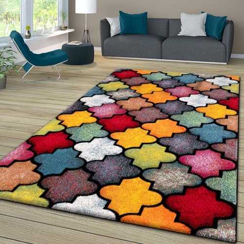 TT Home Wohnzimmer Teppich Bunt Kurzflor Wohnzimmerteppich Meliert 3D Optik Geometrisch, Farbe: Rot Blau Gelb, Größe:60x110 cm von TT Home