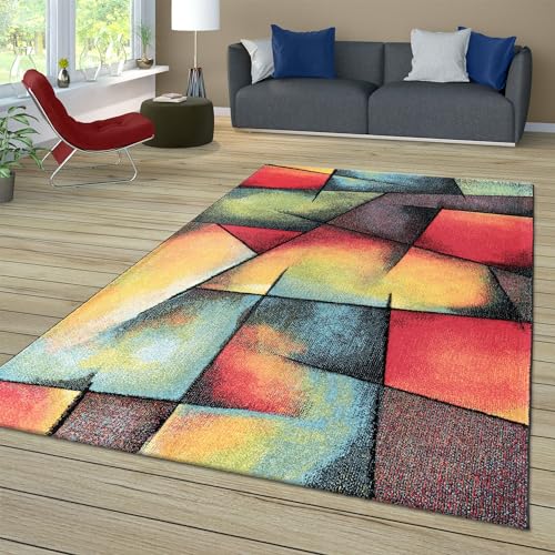 TT Home Wohnzimmer Teppich Bunt Kurzflor Wohnzimmerteppich Meliert 3D Optik Geometrisch, Farbe:Grün Blau Orange, Größe:120x170 cm von TT Home