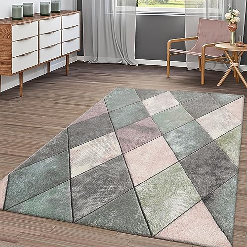 TT Home Wohnzimmer Teppich Bunt Pastellfarben Rauten Muster 3-D Design Kurzflor Robust, Größe:200x290 cm von TT Home