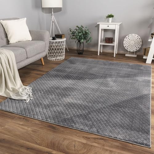 TT Home Wohnzimmer Teppich Esszimmer Kurzflor Ethno Skandi Design Rauten Uni Weich 3D, Farbe:Anthrazit, Größe:60x100 cm von TT Home