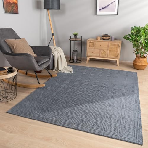 TT Home Wohnzimmer Teppich Esszimmer Kurzflor Geometrische Optik Skandi Boho Unifarben, Farbe:Grau Anthrazit, Größe:80x150 cm von TT Home