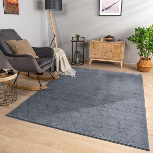 TT Home Wohnzimmer Teppich Esszimmer Kurzflor Geometrische Optik Skandi Boho Unifarben, Farbe:Dunkelgrau Anthrazit, Größe:60x100 cm von TT Home