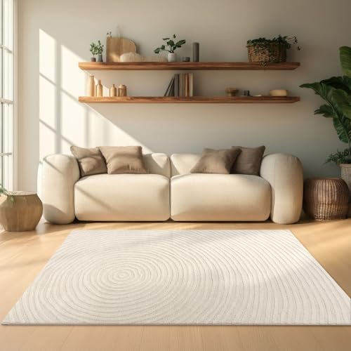TT Home Wohnzimmer Teppich Esszimmer Kurzflor Japandi Skandinavisch Design Bogen Linien Muster Panglao Boho Soft-Touch 3D Effekt, Größe:80x150 cm von TT Home