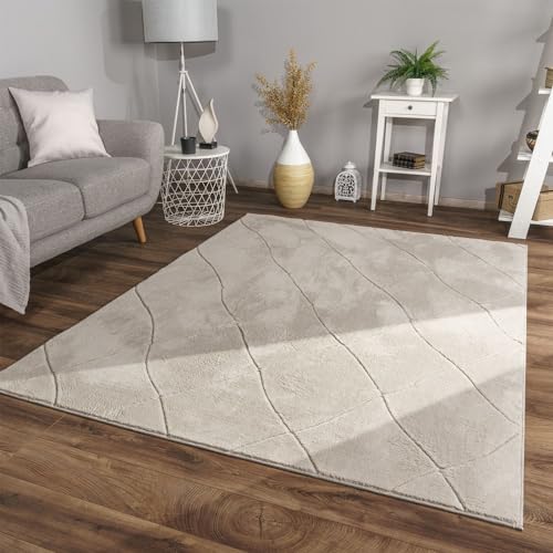 TT Home Wohnzimmer Teppich Esszimmer Kurzflor Skandi Design Rauten Deko 3D Weich, Farbe:Creme, Größe:80x150 cm von TT Home
