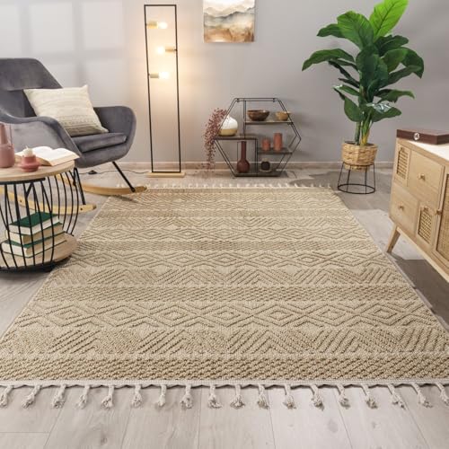 TT Home Wohnzimmer Teppich Esszimmer Kurzflor Skandinavisches Boho Design Uni 3D Fransen, Farbe:Hellbeige, Größe:120x160 cm von TT Home