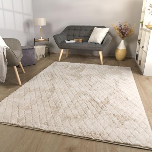 TT Home Wohnzimmer Teppich Esszimmer Langflor Skandi Optik Geometrisch 3D Unifarben, Farbe:Hellgrau Creme, Größe:200x280 cm von TT Home