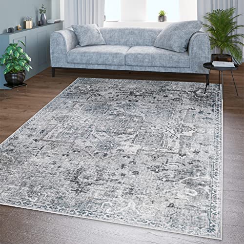 TT Home Wohnzimmer Teppich Flachgewebe Marokkanisch Design Used Look Ornamente Waschbar, Farbe: Grau 3, Größe:80x150 cm von TT Home