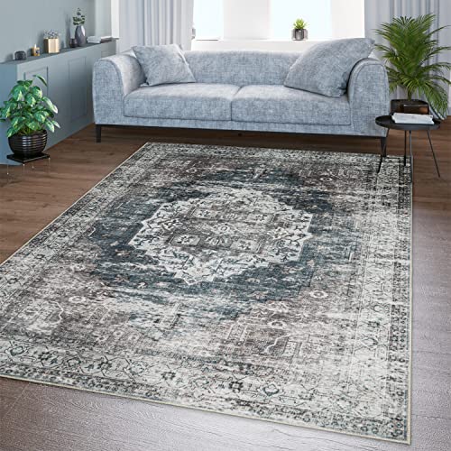 TT Home Wohnzimmer Teppich Flachgewebe Marokkanisch Design Used Look Ornamente Waschbar, Farbe:Grau, Größe:60x100 cm von TT Home