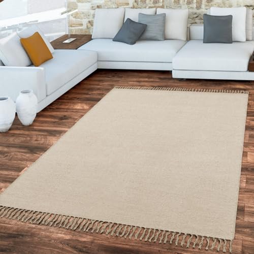 TT Home Wohnzimmer Teppich Flachgewebe Mit Fransen Unifarbenes Design Handgemacht, Farbe: Beige Creme, Größe:80x150 cm von TT Home