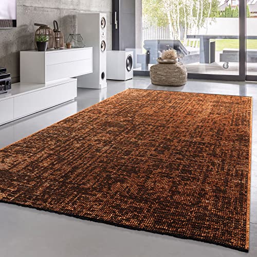 TT Home Wohnzimmer Teppich Esszimmer Boho Vintage Design Abstrakte Sisal Optik Mit Fransen Moderner Style Flachgewebe, Farbe: Braun Orange, Größe:160x220 cm von TT Home