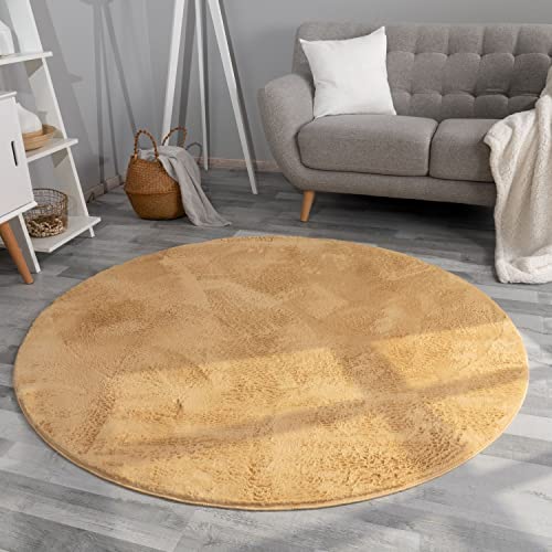 TT Home Wohnzimmer Teppich Hochflor Langflor Kunstfell Weich Modern Unifarben Flauschig, Farbe: Gelb, Größe:100 cm Rund von TT Home