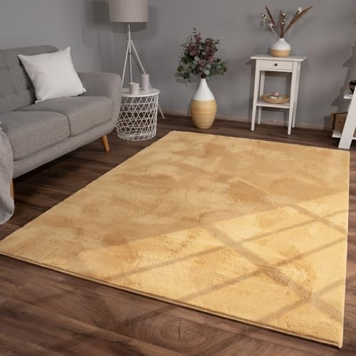 TT Home Wohnzimmer Teppich Hochflor Langflor Kunstfell Weich Modern Unifarben Flauschig, Farbe: Gelb, Größe:80x150 cm von TT Home