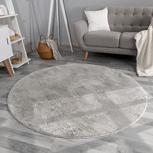 TT Home Wohnzimmer Teppich Hochflor Langflor Kunstfell Weich Modern Unifarben Flauschig, Farbe: Grau, Größe:120 cm Rund von TT Home