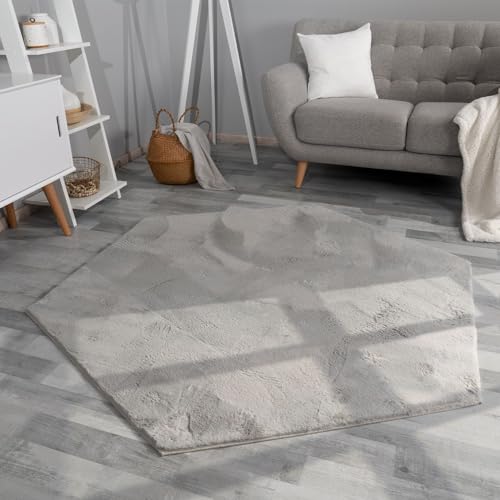 TT Home Wohnzimmer Teppich Hochflor Langflor Kunstfell Weich Modern Unifarben Flauschig, Farbe: Grau, Größe:150x170 cm Sechseckig von TT Home