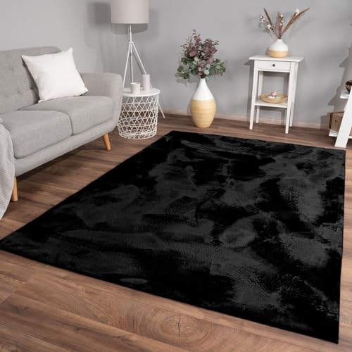 TT Home Wohnzimmer Teppich Hochflor Langflor Kunstfell Weich Modern Unifarben Flauschig, Farbe: Schwarz, Größe:140x200 cm von TT Home