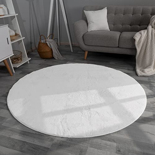 TT Home Wohnzimmer Teppich Hochflor Langflor Kunstfell Weich Modern Unifarben Flauschig, Farbe:Weiß, Größe:120 cm Rund von TT Home