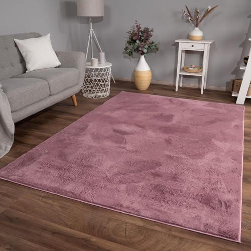 TT Home Wohnzimmer Teppich Hochflor Langflor Kunstfell Weich Modern Unifarben Flauschig, Farbe:Rosa Mauve, Größe:140x200 cm von TT Home