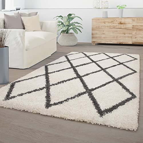 TT Home Wohnzimmer Teppich Hochflor Langflor Plüschig Rauten Optik Skandi Design Modern, Farbe: Creme Anthrazit, Größe:80x150 cm von TT Home