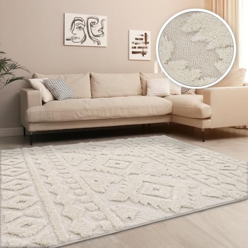 TT Home Wohnzimmer Teppich Hochflor Langflor Schlafzimmer Boho Design 3D Design Skandi Design Modern Unifarben, Farbe: Beige, Größe:120x160 cm von TT Home
