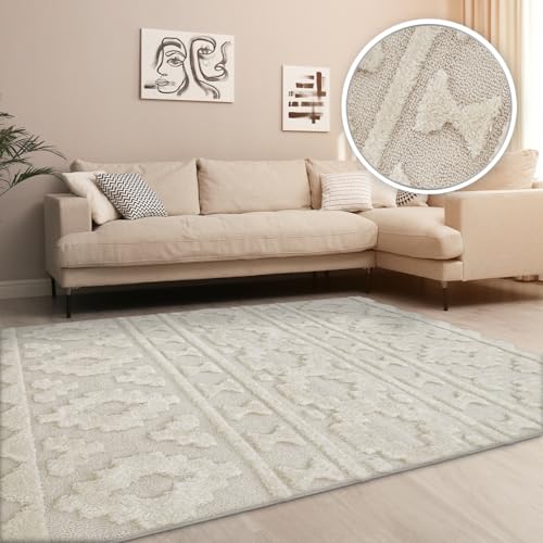 TT Home Wohnzimmer Teppich Hochflor Langflor Schlafzimmer Boho Design 3D Design Skandi Design Modern Unifarben, Farbe: Beige 3, Größe:120x160 cm von TT Home