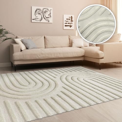 TT Home Wohnzimmer Teppich Hochflor Langflor Schlafzimmer Boho Design 3D Design Skandi Design Modern Unifarben, Farbe:Creme, Größe:230x330 cm von TT Home