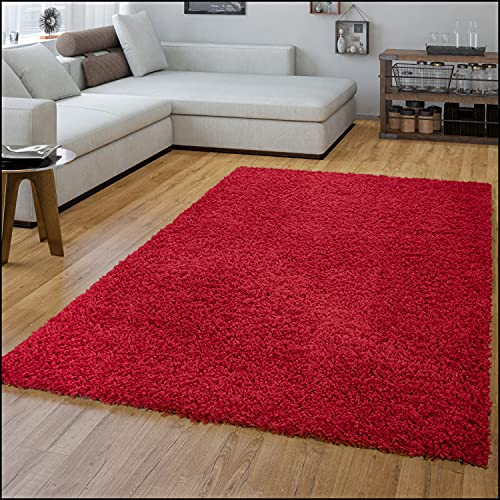 TT Home Wohnzimmer Teppich Hochflor Langflor Shaggy Soft Unifarben Modern Einfarbiges Design, Farbe: Rot, Größe:Ø 120 cm Rund von TT Home