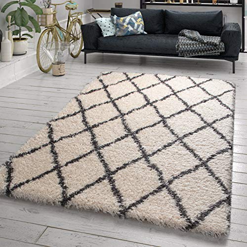 TT Home Wohnzimmer Teppich Hochflor Shaggy Skandi Design Mit Rauten Optik Weich Creme, Größe:120x160 cm von TT Home