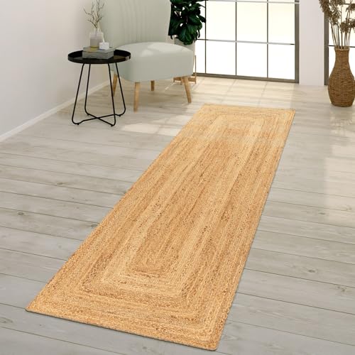TT Home Wohnzimmer Teppich Jute Naturfaser Handgearbeitet Sisal Boho Stil Geometrisch, Farbe:Hellbraun Beige, Größe:80x250 cm von TT Home