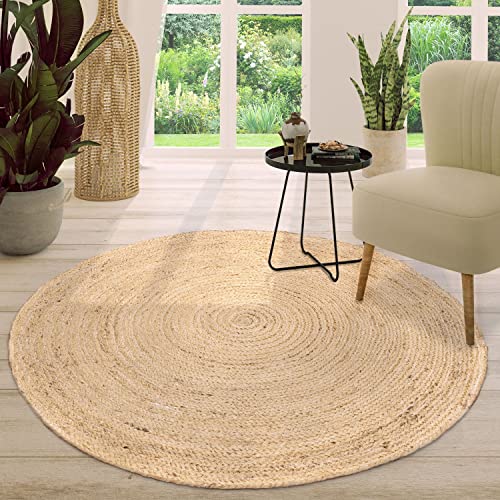 TT Home Jute Teppich Rund Wohnzimmer Esszimmer Boho Modern Handgemacht Mit Umrandung, Farbe: Elfenbein 2, Größe:80 cm Rund von TT Home