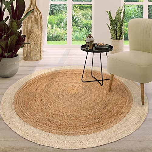 TT Home Jute Teppich Rund Wohnzimmer Esszimmer Boho Modern Handgemacht Mit Umrandung, Farbe: Elfenbein, Größe:80 cm Rund von TT Home