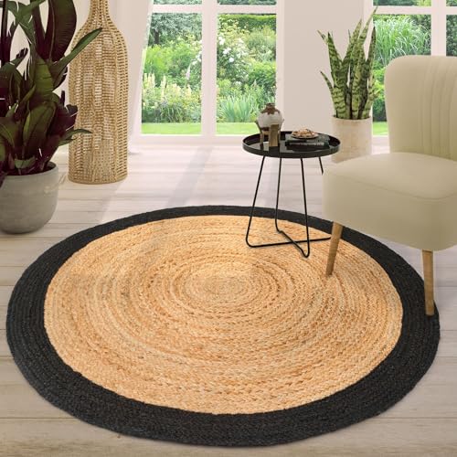 TT Home Wohnzimmer Teppich Jute Rund Modern Boho Handgefertigt Natur-Teppich Bordüre von TT Home