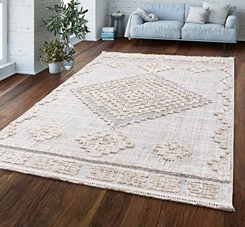 TT Home Wohnzimmer Teppich Kurzflor 3D Effekt Fransen Geometrisch Boho Design, Farbe: Grau Creme, Größe:240x340 cm von TT Home