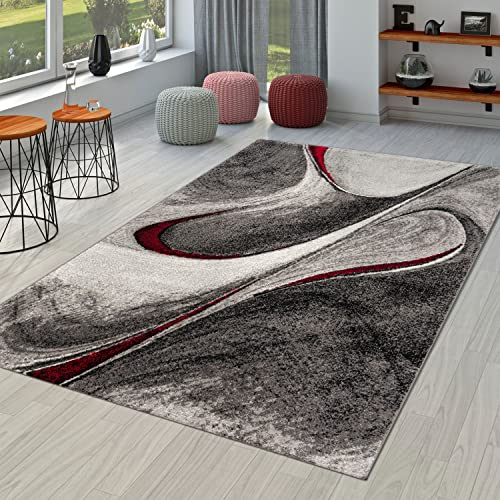 TT Home Wohnzimmer Teppich Kurzflor Abstrakt Geometrisch Design Used Look Modern, Farbe: Grau Rot Anthrazit, Größe:200x290 cm von TT Home