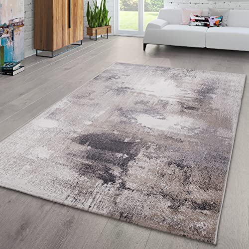 TT Home Wohnzimmer Teppich Kurzflor Abstraktes Design Pastell Used Look Modern Bunt, Farbe: Grau Beige Creme, Größe:80x150 cm von TT Home