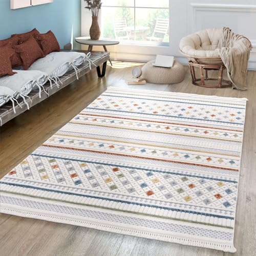 TT Home Wohnzimmer Teppich Kurzflor Geometrisches Design Fransen Modern Boho Design, Farbe:Rot Beige Blau, Größe:200x290 cm TT Home Wohnzimmer Teppich Kurzflor Geometrisches Design Fransen Modern Boho Design, Farbe:Rot Beige Blau, Größe:200x290 cm von TT Home