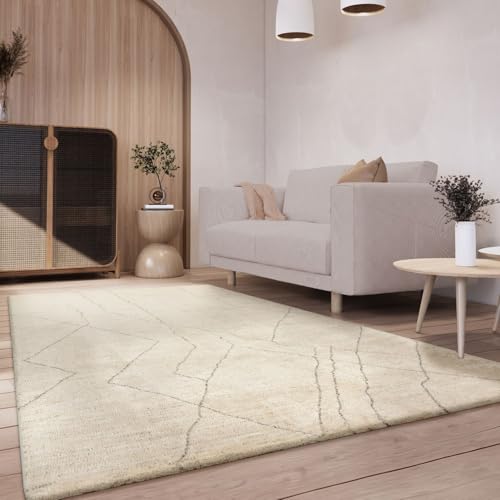 TT Home Wohnzimmer Teppich Kurzflor Geometrisches Skandi Muster Uni Abstraktes Design, Farbe:Creme, Größe:80x150 cm von TT Home