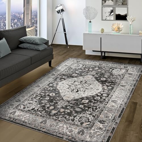 TT Home Wohnzimmer Teppich Kurzflor Marokkanisches Blumen Design Umrandung Ornamente Used Look, Farbe: Grau Schwarz Creme, Größe:60x100 cm von TT Home