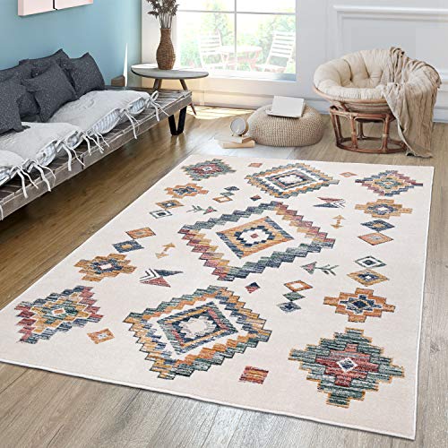 TT Home Wohnzimmer Teppich Kurzflor Mit Modernem Boho Design Und Rauten Hell, Farbe:Bunt, Größe:60x100 cm von TT Home