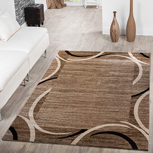 TT Home Wohnzimmer Teppich Kurzflor Modern Meliert Gewelltes Design Mit Umrandung, Farbe: Beige Schwarz Creme, Größe:200x280 cm von TT Home