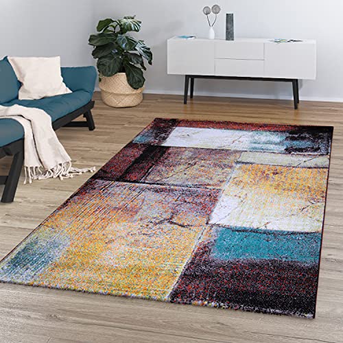 TT Home Wohnzimmer Teppich Kurzflor Modernes Abstraktes Geometrisches Design Used Look, Farbe:Rot Schwarz Bunt, Größe:60x100 cm von TT Home